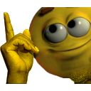 Yellow smiley face with a smug expression holding up one index finger.