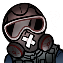Tactical operator wearing a gas mask with a white X over the mouth and a large question mark beside their head.