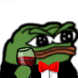 Pepe the Frog wearing a tuxedo and red bowtie while holding a glass of red wine with a smug expression.