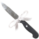 A kitchen knife wrapped in a delicate white ribbon bow.