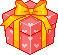 A pixelated red gift box decorated with white hearts and a large yellow bow.
