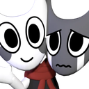 Riggy and Danno characters hugging with one smiling and the other looking sad.