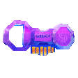 A stylized pixel art digital key with a glowing purple and blue body and yellow teeth.