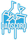 Dadscord logo featuring stylized white text and lines on a blue background.