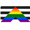 Straight ally symbol featuring a rainbow triangle over a black and white striped background.