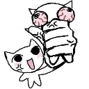 A white cat with a wide, happy expression grabbing a disheveled creature with bloodshot eyes.