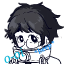 A shy anime character with glasses and a high collar waving hello.