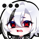 Arlecchino from Genshin Impact with white hair and red eyes looking confused with a speech bubble containing three dots abov…