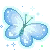 Blue butterfly with white sparkles on its wings in a pixel art style.