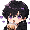 Anime boy with purple eyes and black hair drinking boba tea surrounded by floating purple hearts.