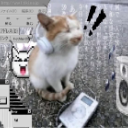 A cat wearing white headphones sits next to a music player with digital music notes and exclamation marks surrounding it.