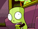 Gir from Invader Zim aggressively slurping a drink from a cup.