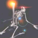 A skeleton stands with a bright glowing light flare and magical blue energy effects.