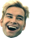 Homelander laughing with a wide, intense, and slightly unhinged expression.