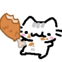 A cute white doodle cat eating a brown chicken drumstick with food crumbs on its face.