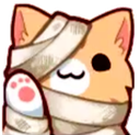A cute orange cat wrapped in white bandages waving with a pink paw.