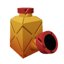 A golden watering can with a red lid and spout filled with thick syrup.