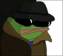 Pepe the Frog wearing a black fedora and dark sunglasses with a smug expression.