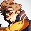 Anime character with brown hair smiling with closed eyes and blushing cheeks.