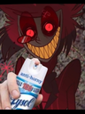 Alastor from Hazbin Hotel with glowing red eyes and a wide, sinister grin holds a bottle of Lysol toward the viewer.