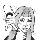Woman with a stylish haircut posing confidently with a hand gesture and swirling abstract lines.