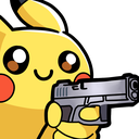 Pikachu smiling innocently while holding a handgun.