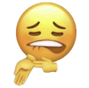 A yellow smiley face biting its lip while pointing to its wrist to show off a flex.