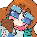 Anime girl with goggles eating a chocolate bar with a happy expression and tongue sticking out.