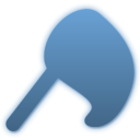 A blue abstract shape resembling a handheld fan or tool.