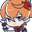 Childe from Genshin Impact in a chibi style eating a small snack.