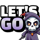 A cute chibi grim reaper character with large eyes and a purple hood standing next to the text Let's Go.