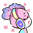 Character wearing heart-adorned headphones with a blissful expression and floating sparkles.