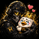 A tactical soldier in black gear hugging a crying yellow duck wearing a gold crown with floating hearts.