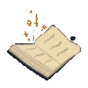 Spellbook with pages flipping and golden magical sparkles floating above it.