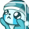 A cute panda wearing a winter hat looking up with large, watery, sad eyes.