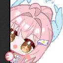 Anime girl with pink hair peeking from behind a black wall with various expressions.