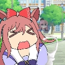 Anime girl with pink hair and a red bow screaming with eyes closed in frustration.