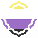 Non-binary pride flag with yellow, white, purple, and black horizontal stripes.