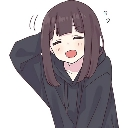 Anime girl wearing a dark hoodie giggling while holding the back of her head.