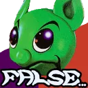 A green creature with large eyes and a suspicious expression sits above the word FALSE in a stylized, bold font.