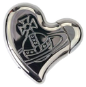 A metallic heart shape containing a black Vivienne Westwood orb logo.