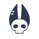 A white stylized skull with dark grey accents on a black background.