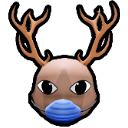 A deer head wearing a medical head mirror and a blue surgical mask against a black background.