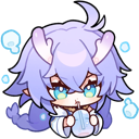 A chibi anime girl with purple hair and horns sipping from a drink with a straw.