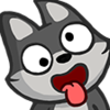 A cartoon wolf with wide, mismatched eyes and its tongue hanging out in a silly expression.