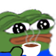 Pepe the Frog with wide eyes holding a steaming cup of coffee.