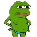 Pepe the Frog with a skeptical expression and hands on his hips wearing blue swim trunks.
