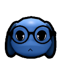 A small blue creature wearing large black-rimmed glasses with a serious, slightly skeptical expression.