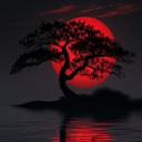 A dark tree silhouette stands against a large glowing red moon with a reflection in the water below.