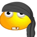 A yellow smiley face wearing a black bandana with a bored expression.
